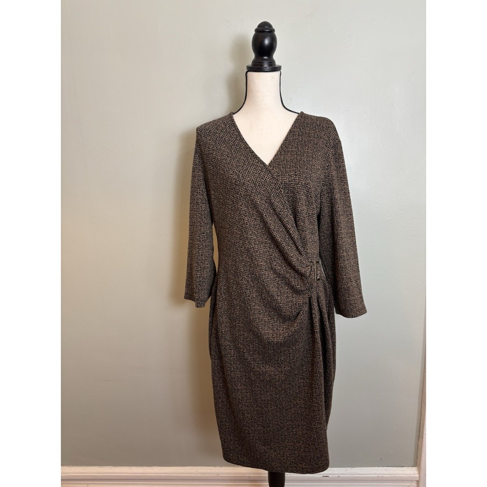 Anne Klein Brown Black Ruched Buckle Dress XL Autumn Dark Academia